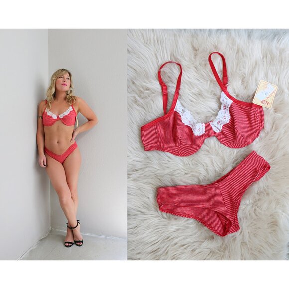 Deadstock, Vintage 1990s Empire Intimates Striped Bra & Cheeky Underwear SM MD - Picture 1 of 8